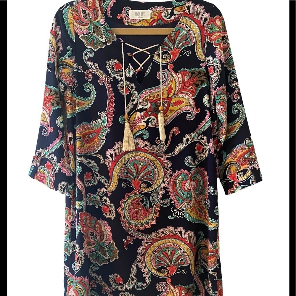 Peach Love boho dress navy paisley print with lace up v neck and tassels size S